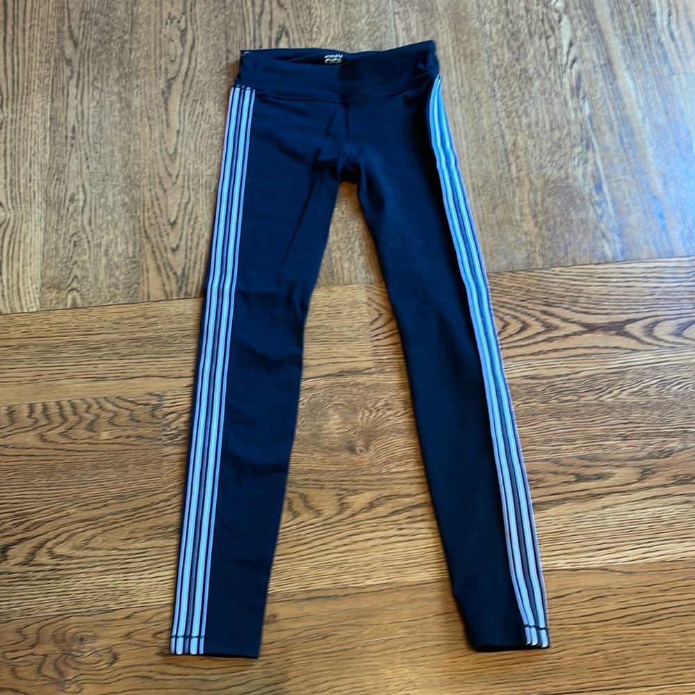 ATHLETA GIRLS BLACK LEGGINGS with White stripes on the side, full length